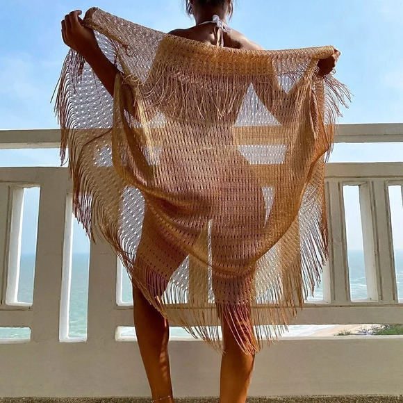 Gold Hollow Out Fringe Trim Batwing Sleeve Kimono - Picture 2 of 5